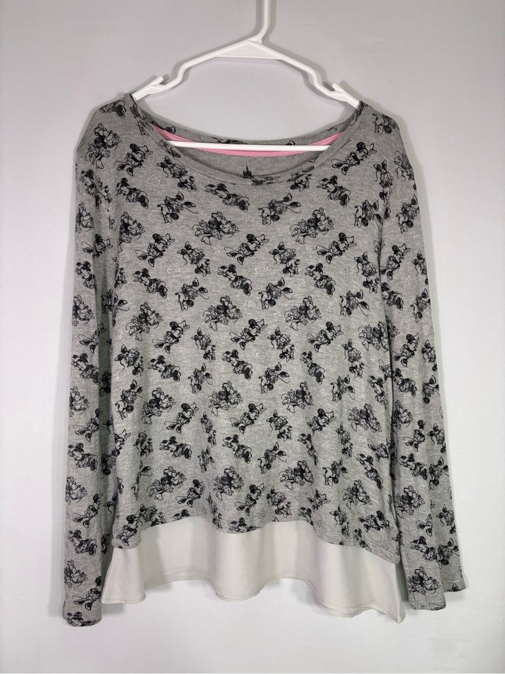 Disney Parks Minnie Mouse Sketch Print Sweater Top Gray Layered Hem Large 0762